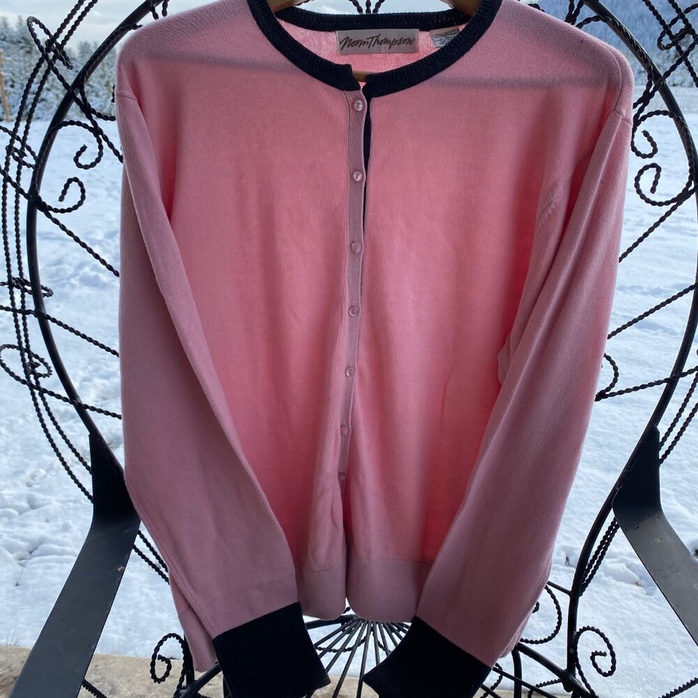 Norm ThompsonLong Sleeve Pink Cardigan with Blue Trim Size XL